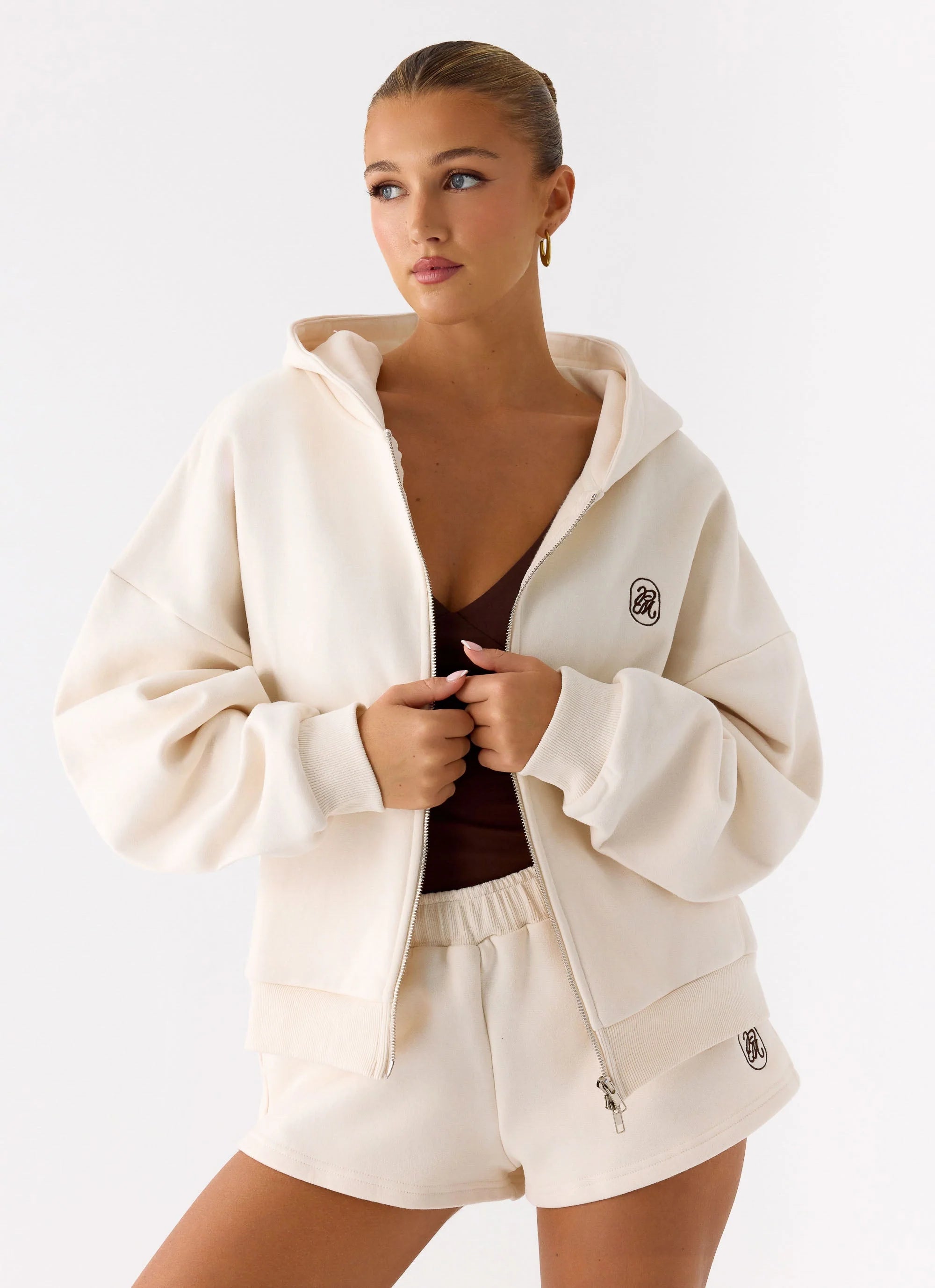 Signature Double Zip Up Hoodie Cream