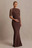 Zaria Brown Crew Neck Maternity Maxi Dress With Cape Overlay