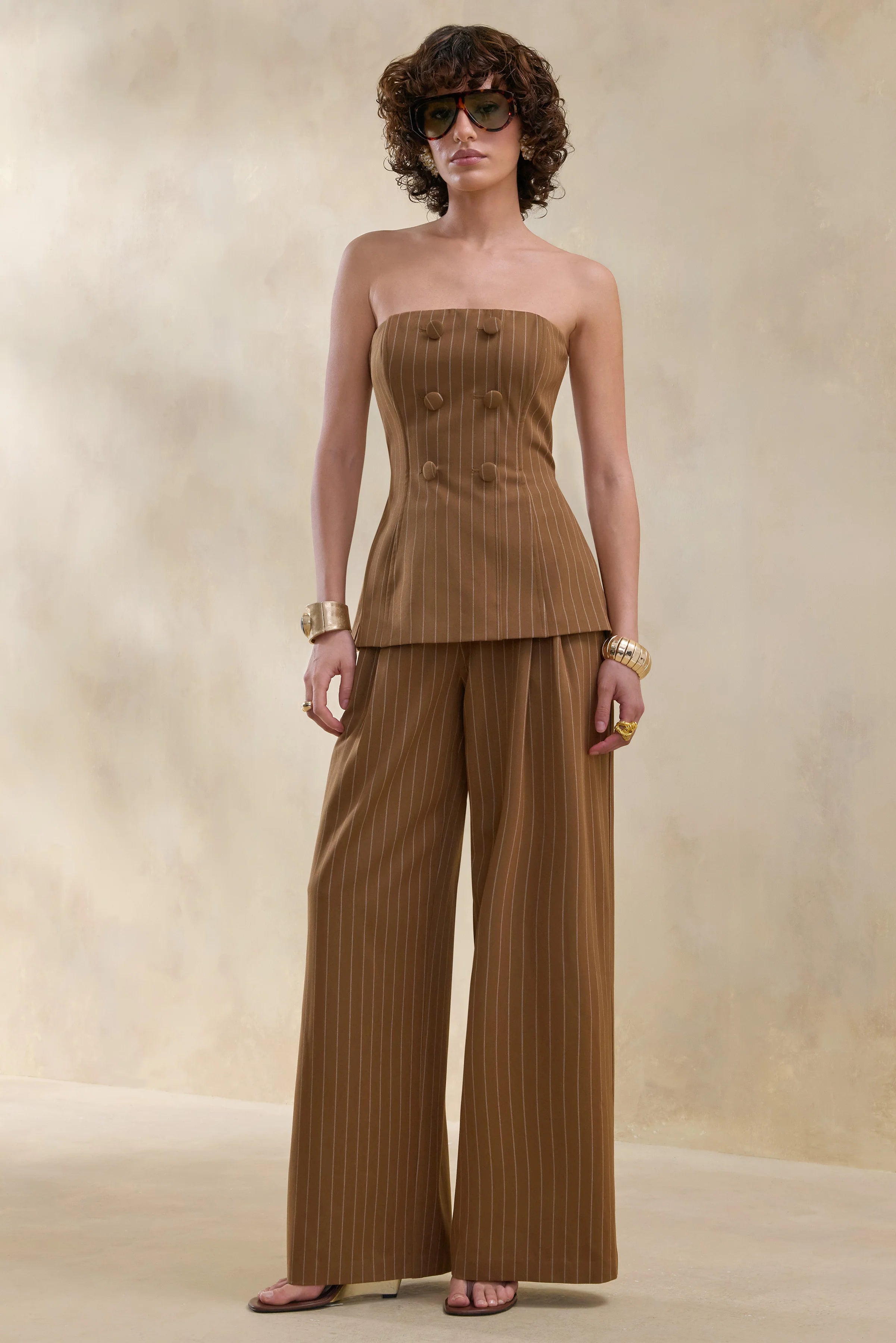 Meliva Brown Pinstripe Wide Leg Tailored Trouser