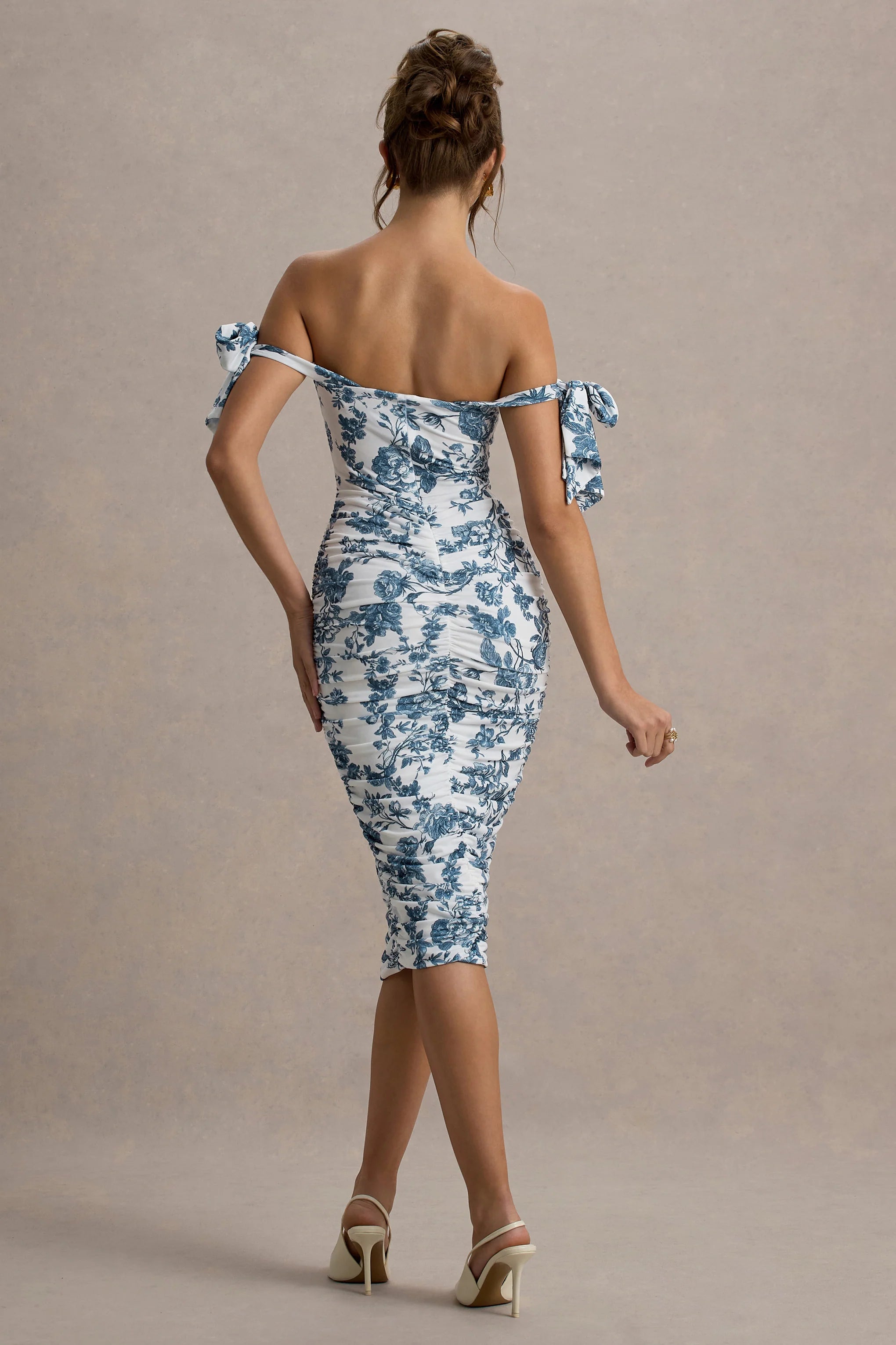 Citrus Blue Porcelain Print Bardot Bodycon Midi Dress With Bow Sleeves