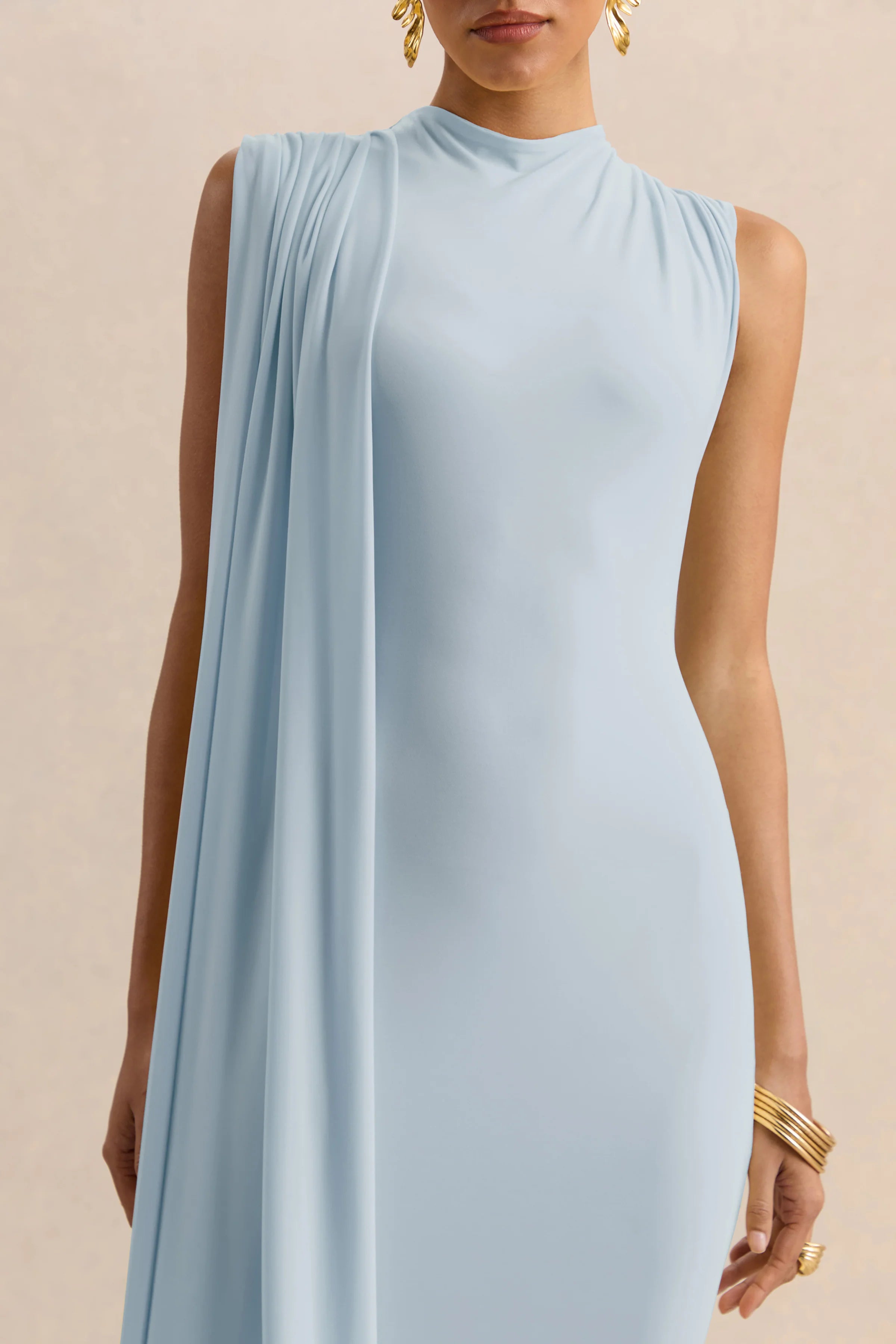 Oleandra Light Blue High Neck Midi Dress With Draped Detail