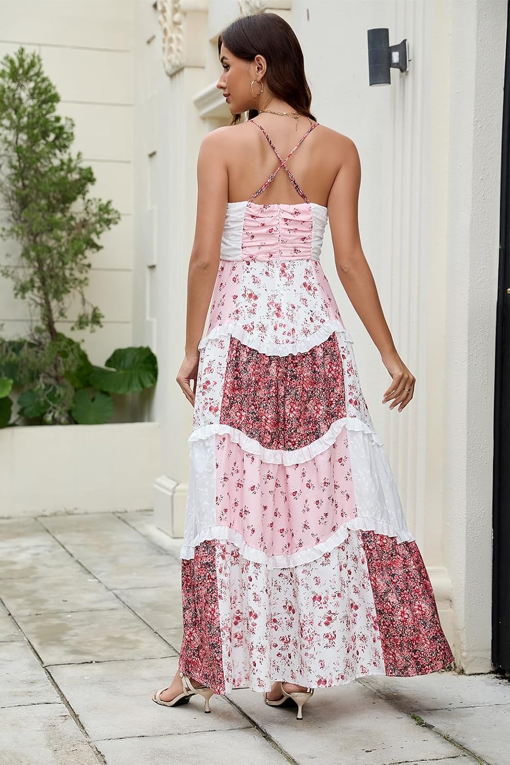 Women Floral Maxi Dress Spaghetti Straps V Neck Patchwork Flowy Boho Sundress Tiered Long Dresses