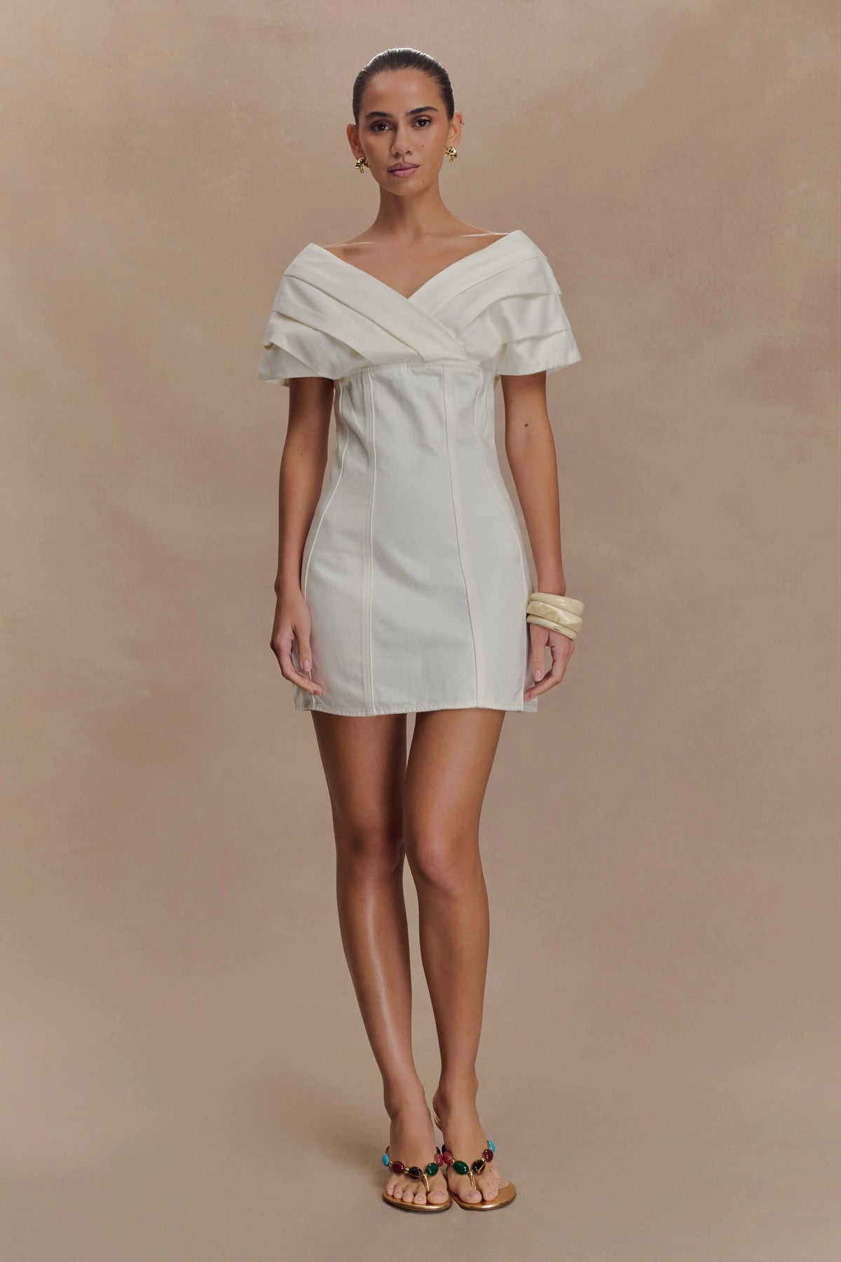 Pascale Off Shoulder Denim Mini Dress White