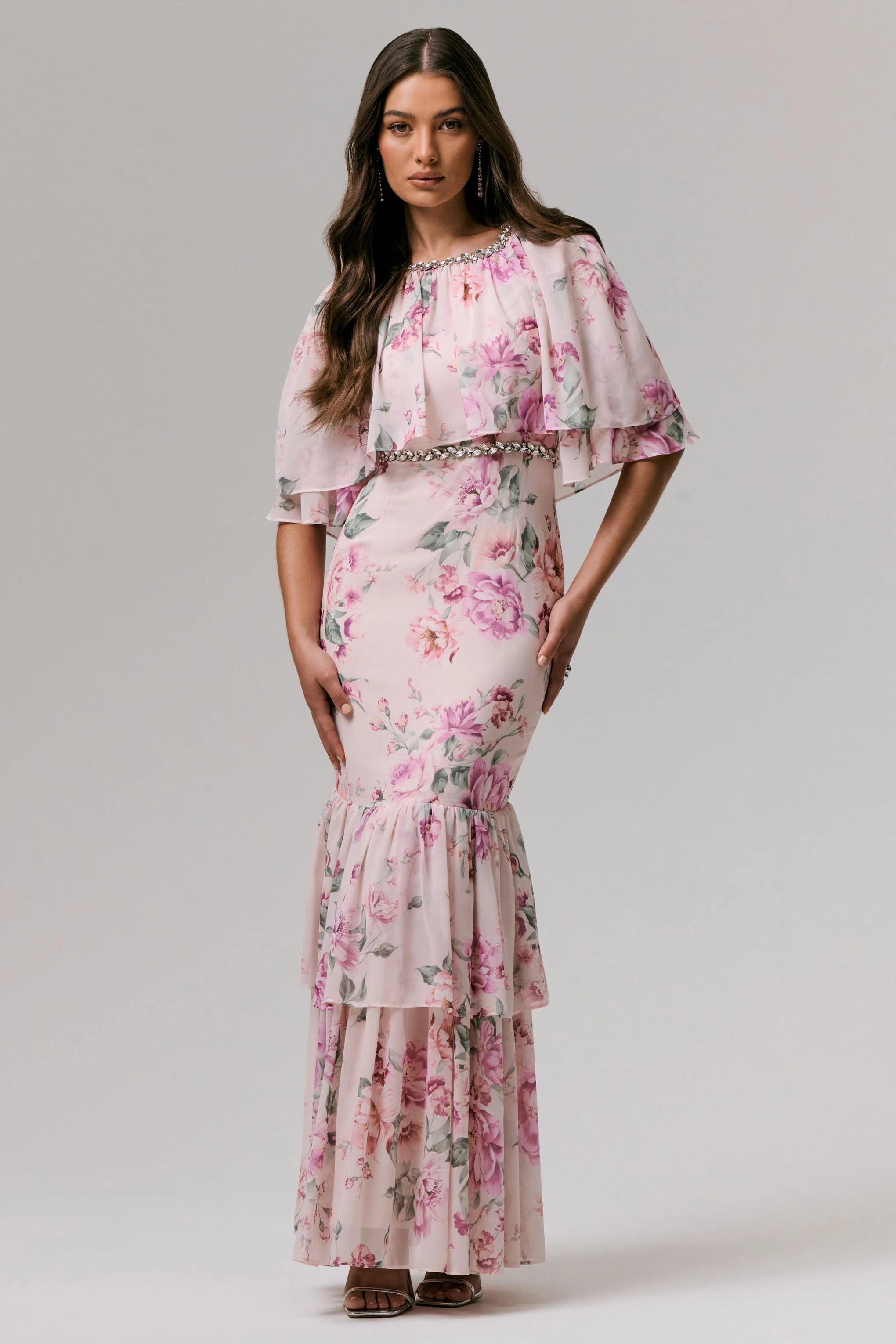Never Let Go Pink Floral Print Chiffon Maxi Dress With Tiered Hem