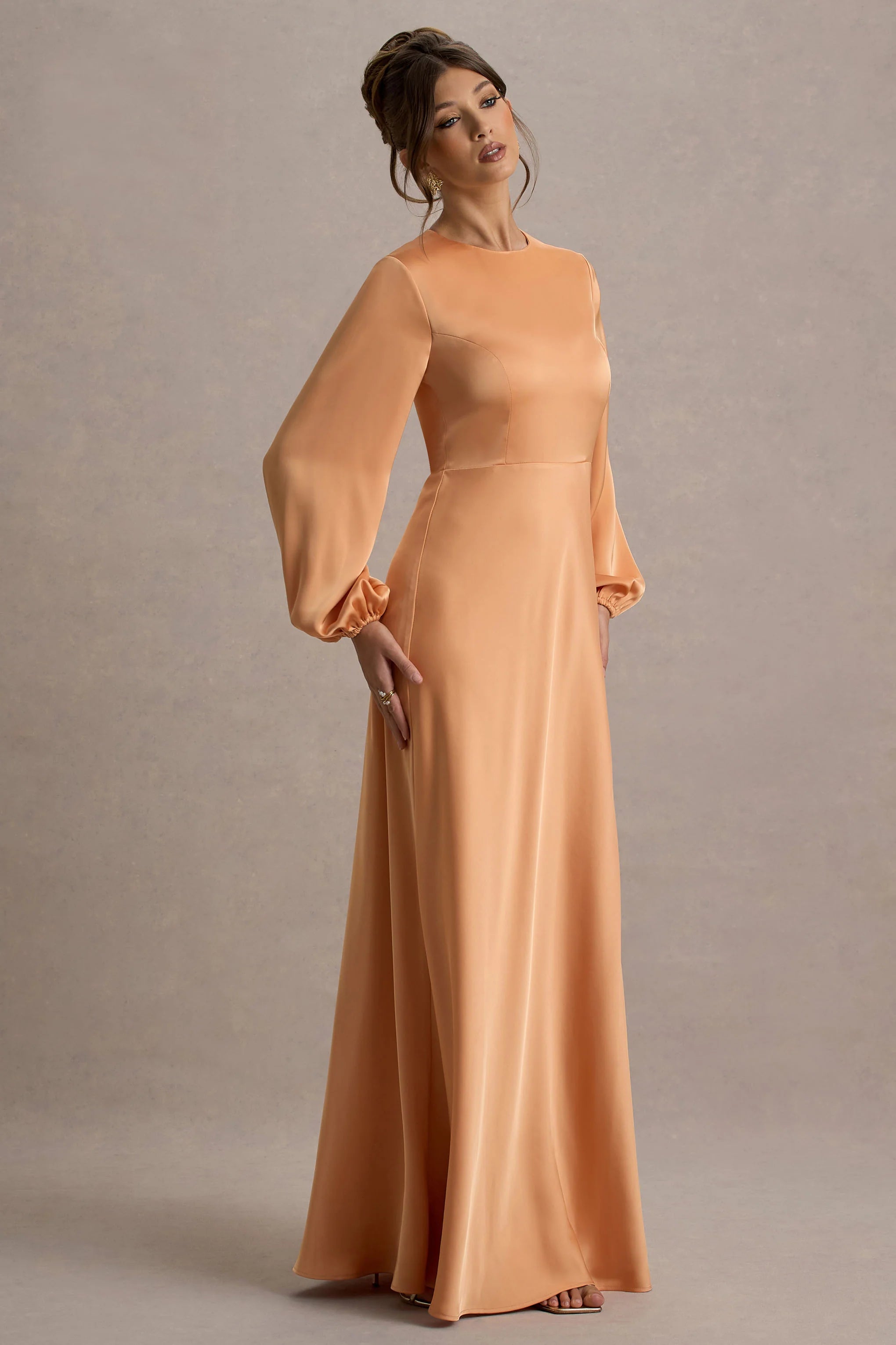 Crawley Peach Satin Puff Sleeve Maxi Dress
