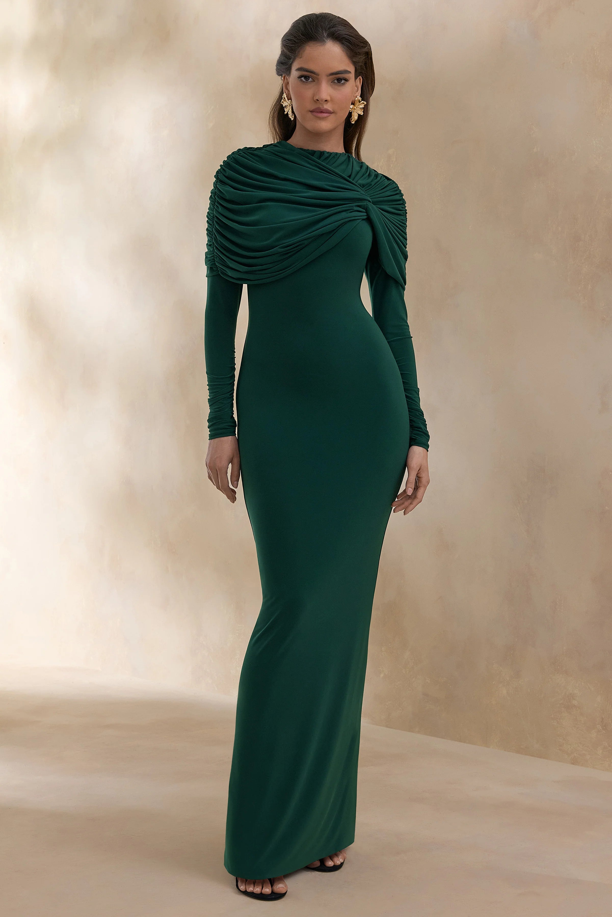 Evessa Dark Green High Neck Maxi Dress With Gathered Detailing