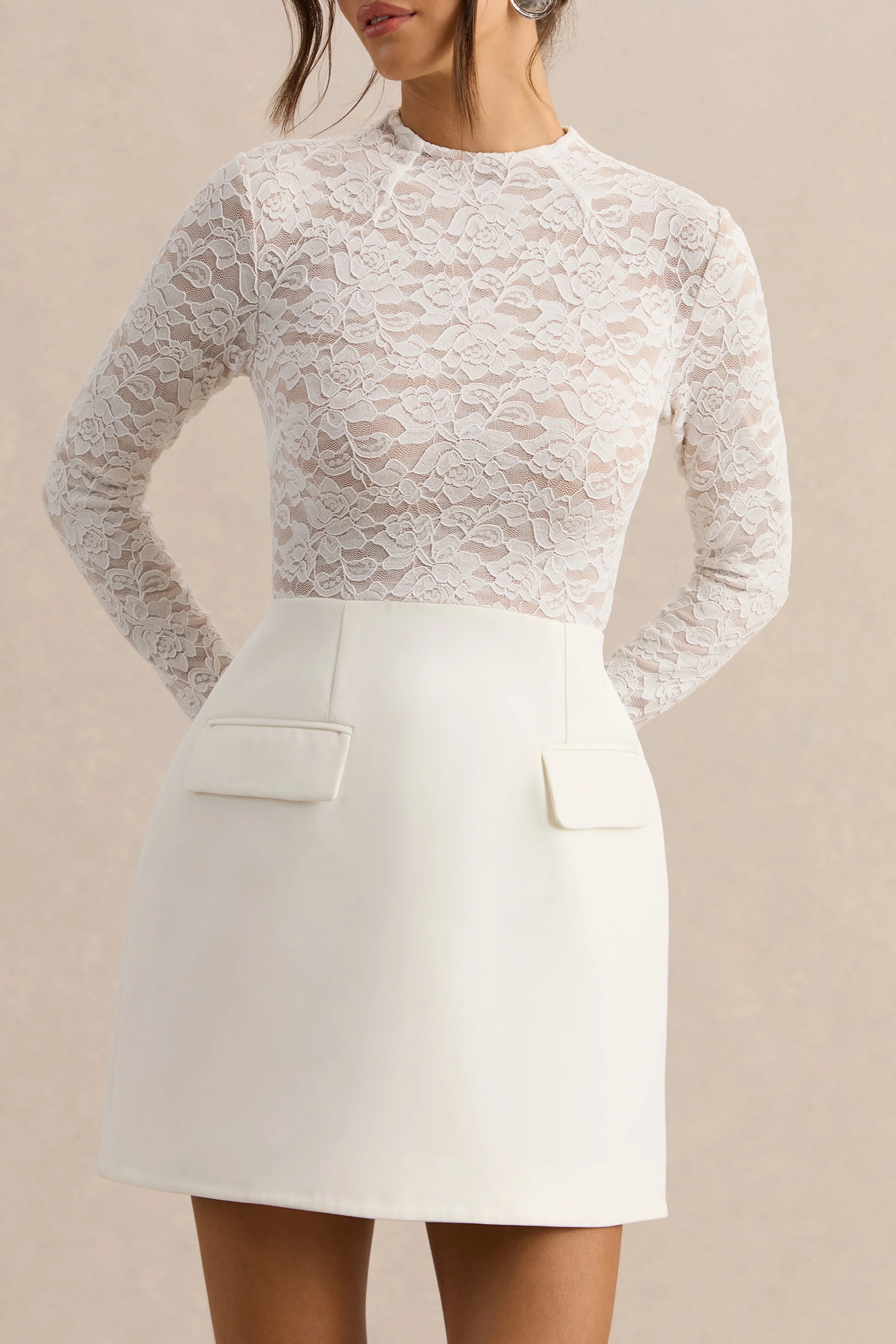 Mysteria White High Neck Lace Mini Dress With Pocket Details
