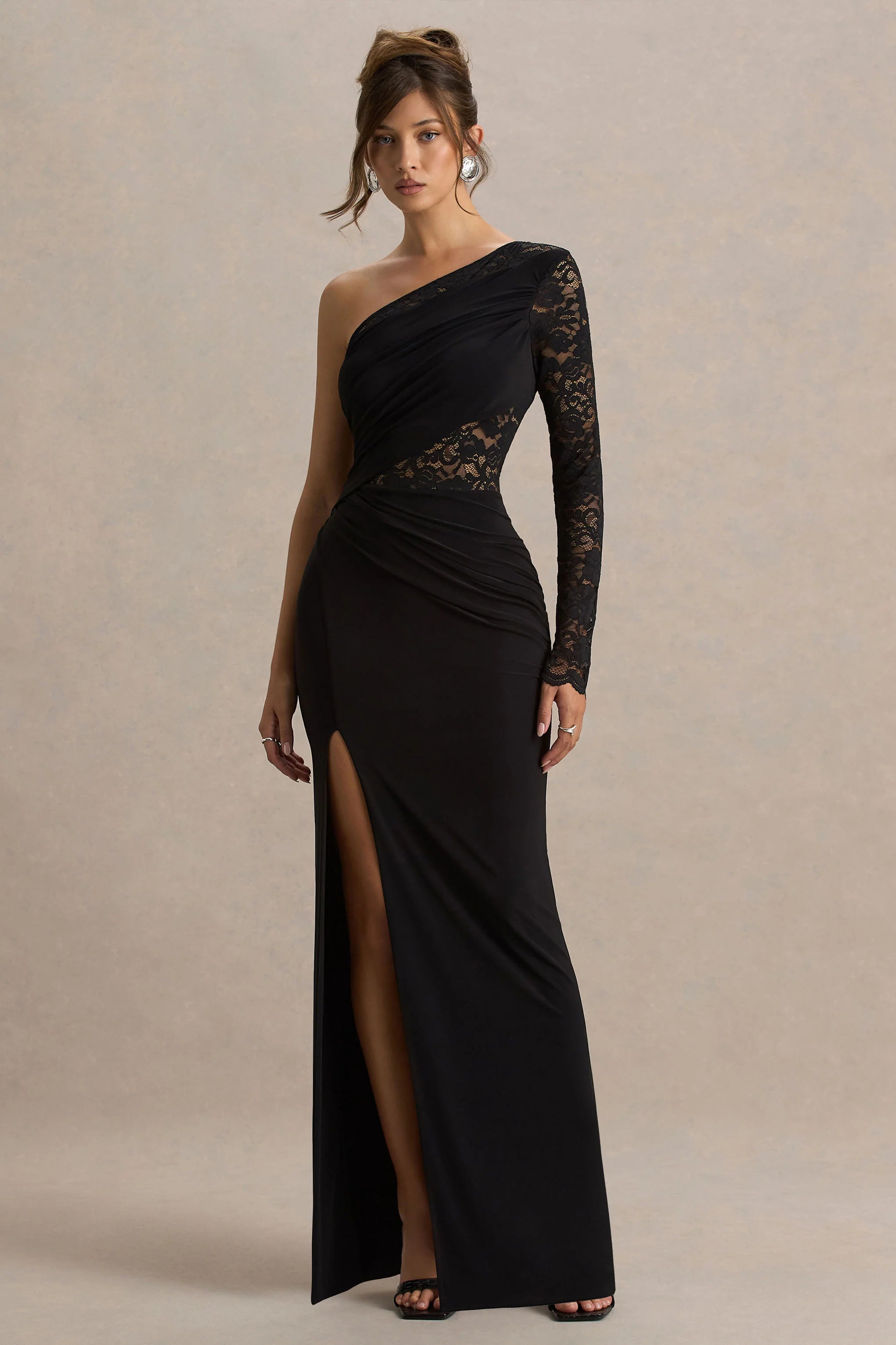 Melody Black Asymmetric Neck Maxi Dress With Lace Detailing And Front High Split