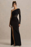 Melody Black Asymmetric Neck Maxi Dress With Lace Detailing And Front High Split