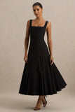 Magnolia Black Scoop Neck Midi Dress With Drop Waist And Ruffling Detail