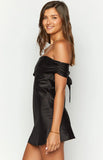 Primrose Black Satin Off the Shoulder Mini Dress