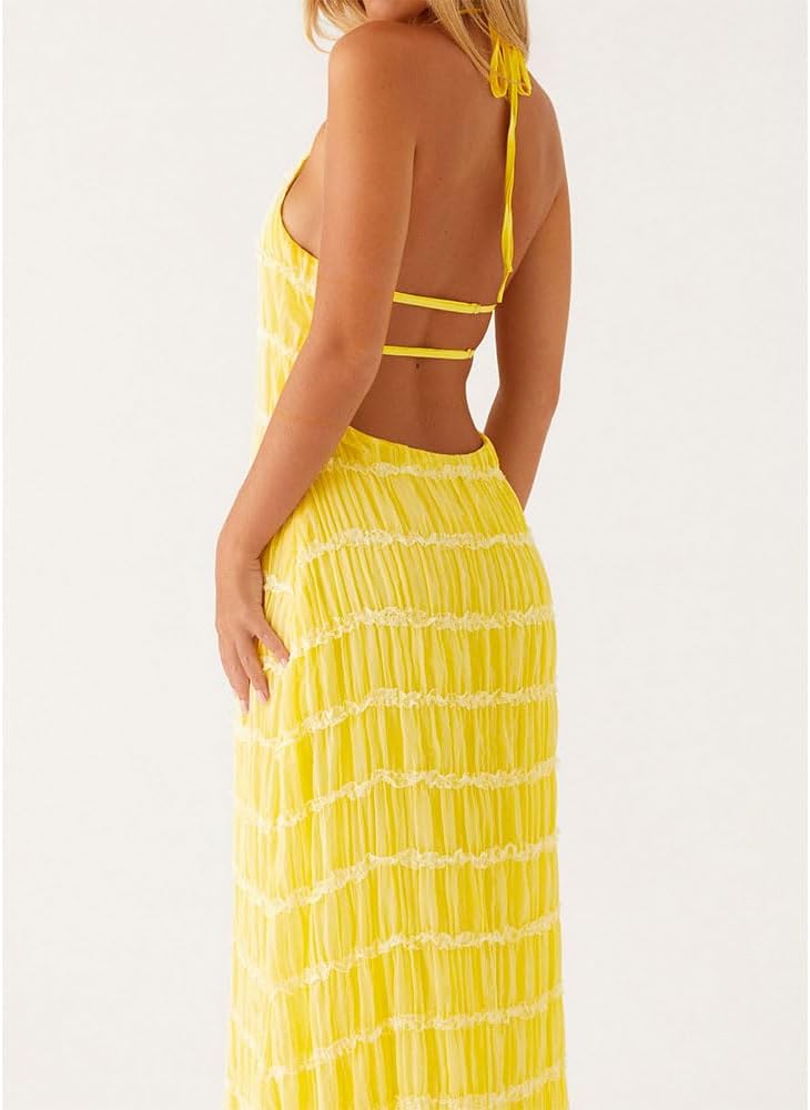 Women Backless Dress Sleeveless Textured Halter Open Back Maxi Dresses Vacation Wedding Guest