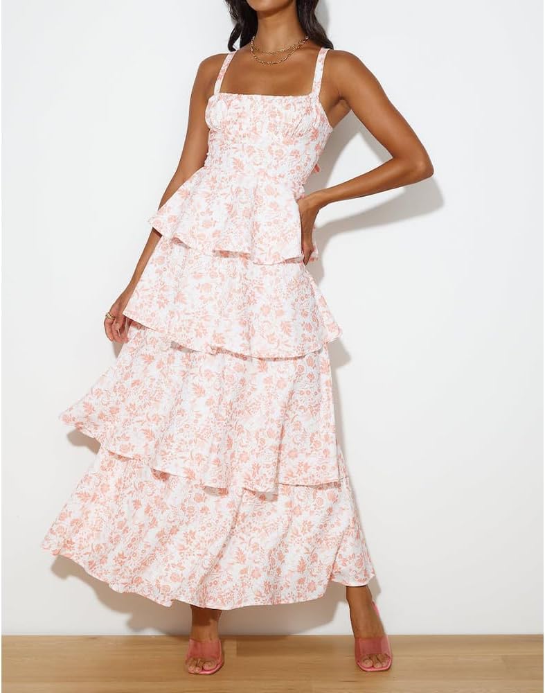 Women Floral Maxi Dress Sleeveless Bow Back Tiered Boho Flowy Long Dresses Summer Fall