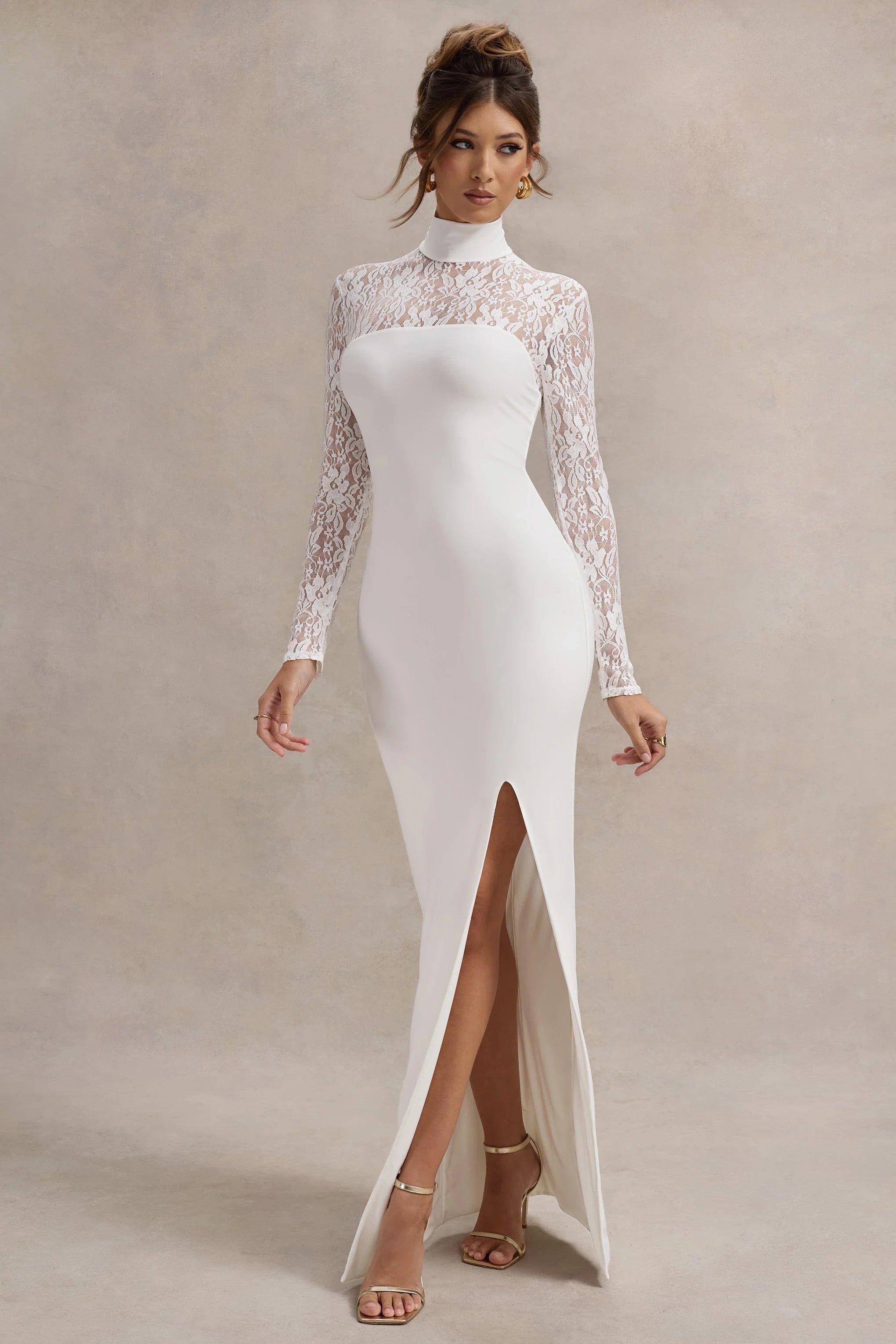 Arden White High Neck Split Maxi Dress With Lace Sleeves