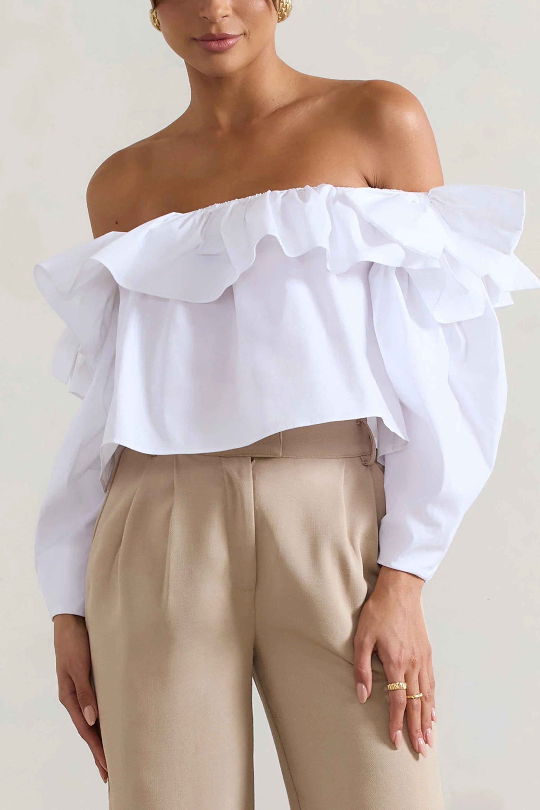 Cove White Bardot Puff Sleeve Ruffle Top With Bows