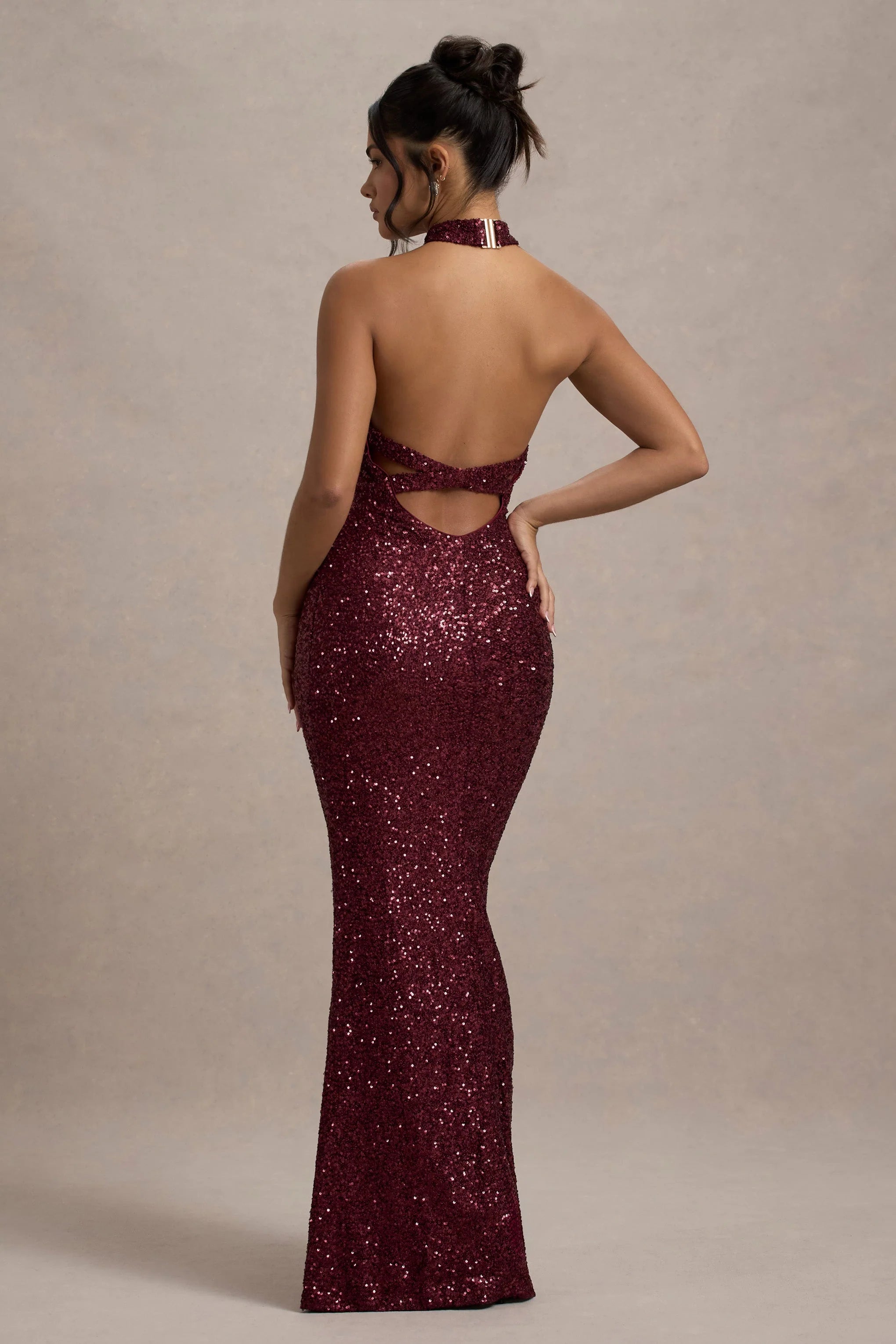 On The Rise Berry Sequin High Neck Strappy Back Split Maxi Dress