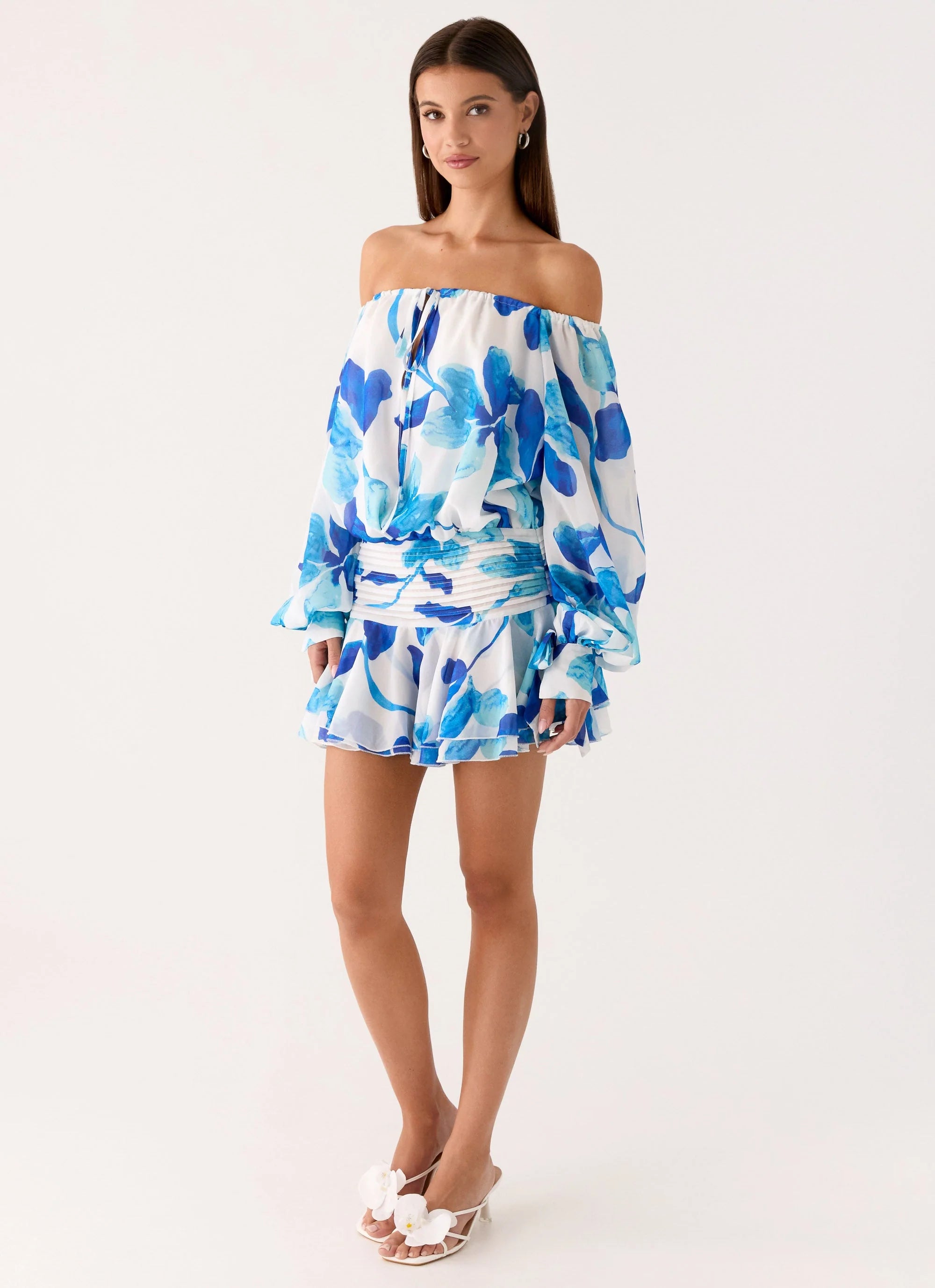 Eira Balloon Sleeve Mini Dress Cerulean Bloom