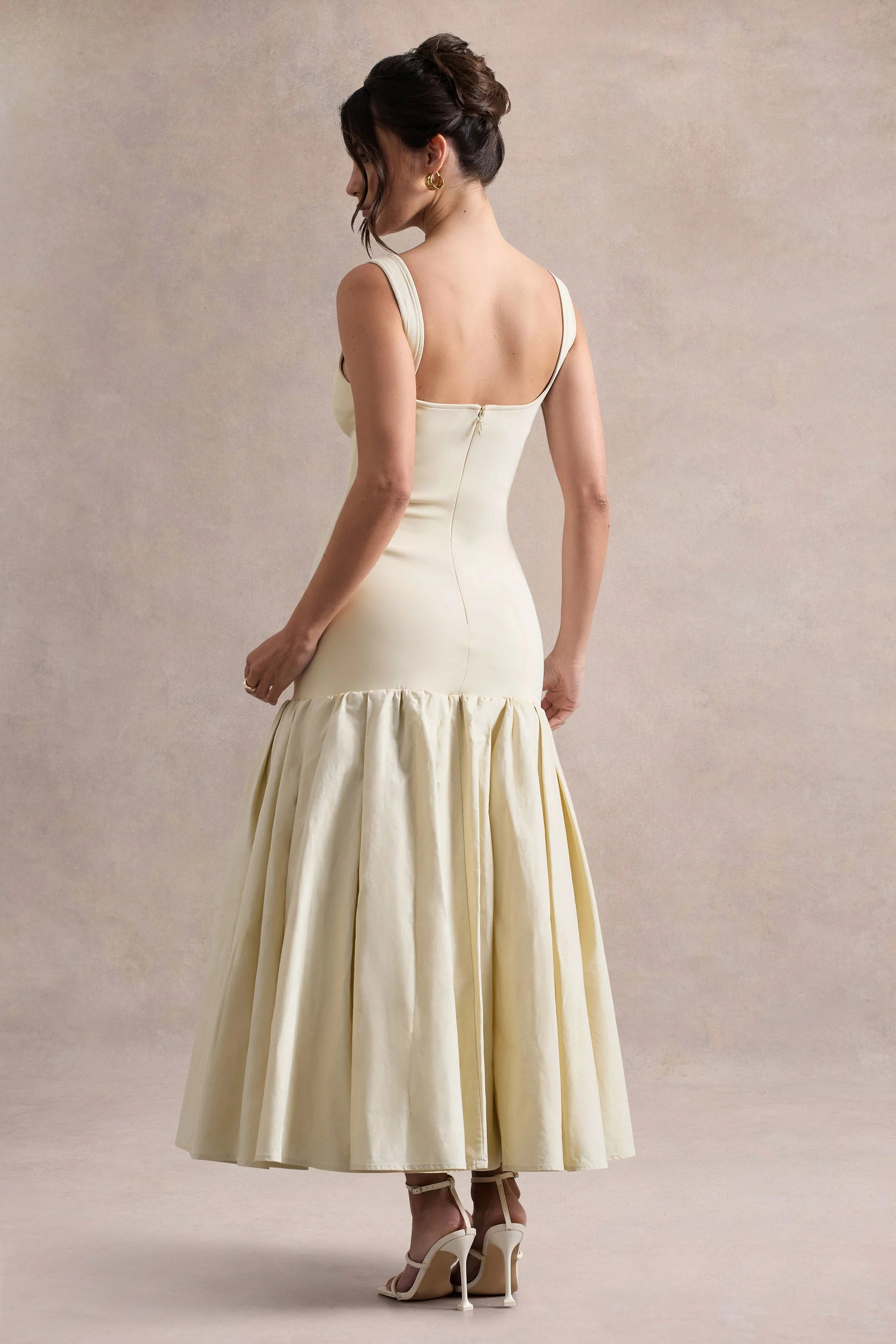 Parida Cream Poplin Drop Waist Midi Dress With Peplum Hem