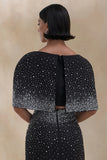 Luxy Black Embellished Boat Neck Crop Top With Cape Sleeves
