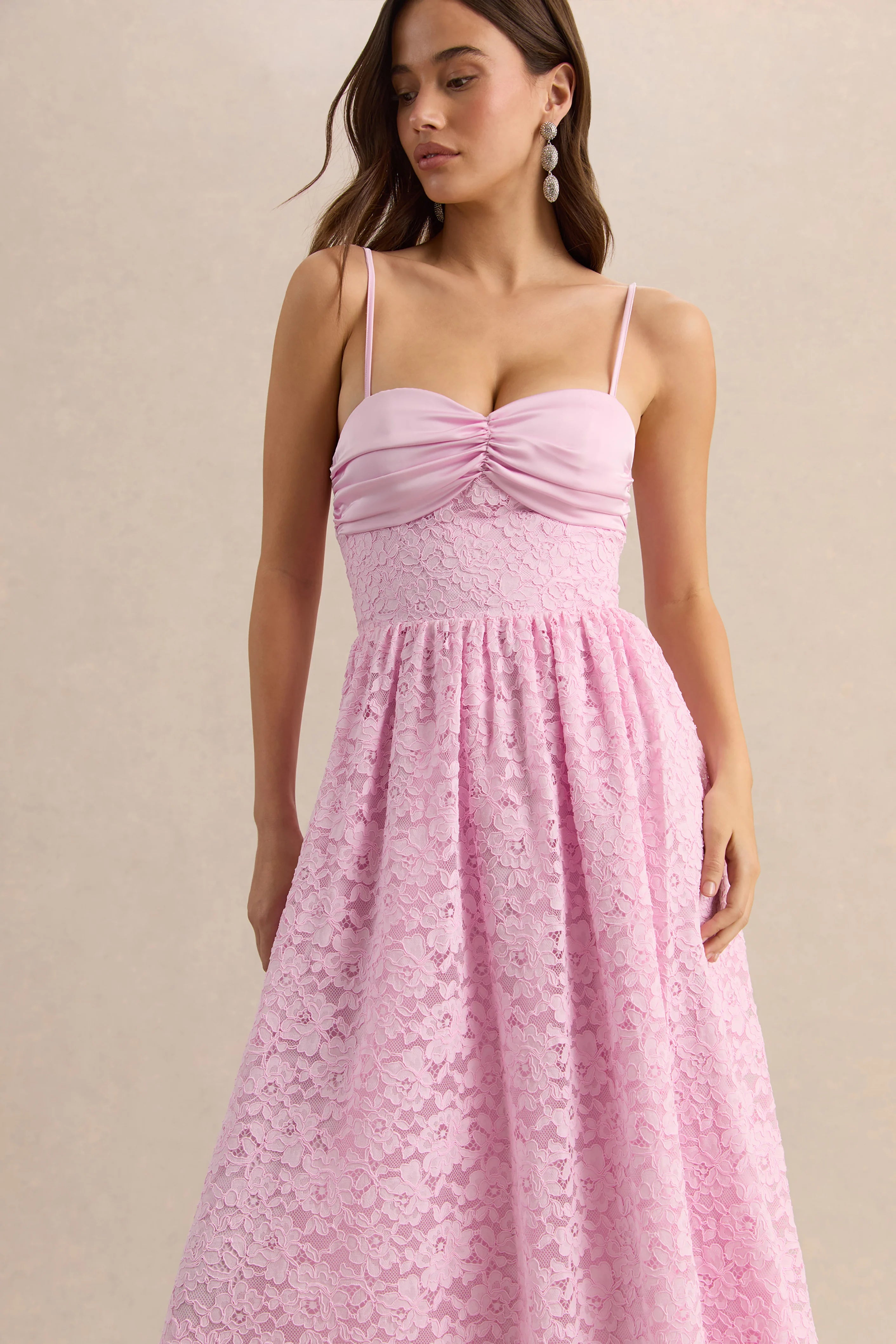 Gloriana Pink Lace Sweetheart Neck Midi Dress