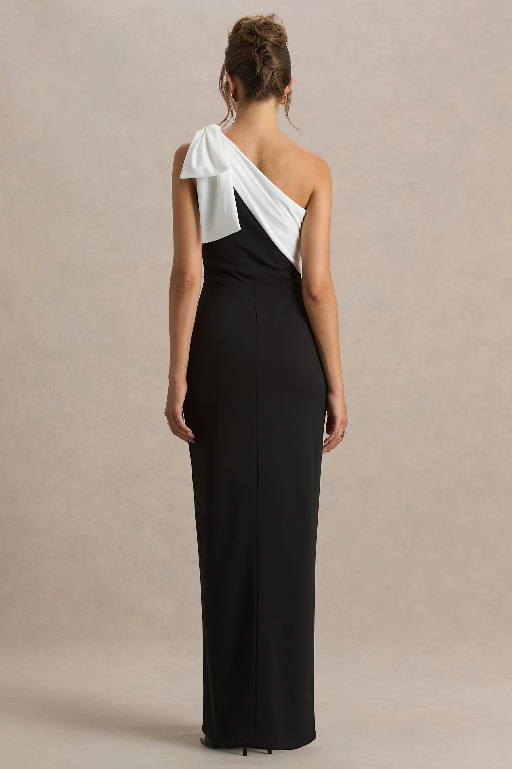 Kiri Black White One Shoulder Bow Maxi Dress