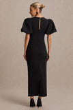 Luna Black Crew Neck Maternity Midi Dress With Puff Sleeves