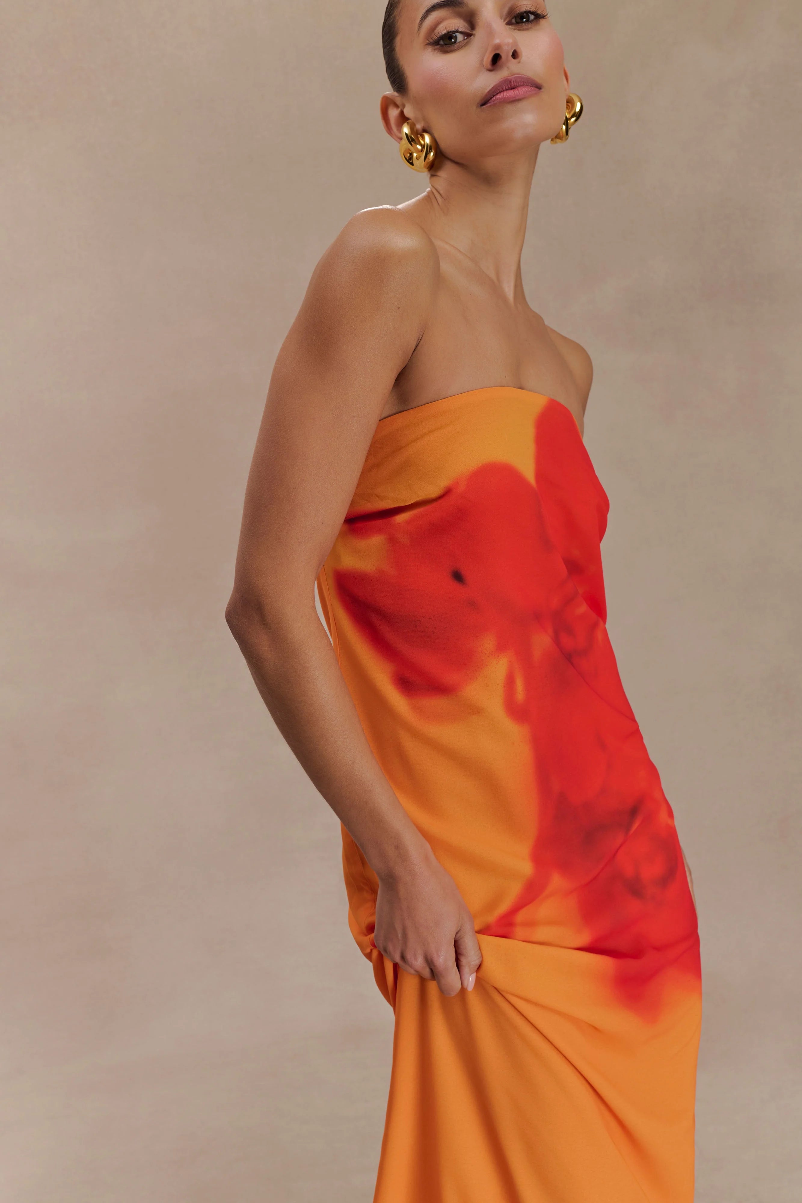 Amaya Strapless Chiffon Maxi Dress Koi Orchid Print