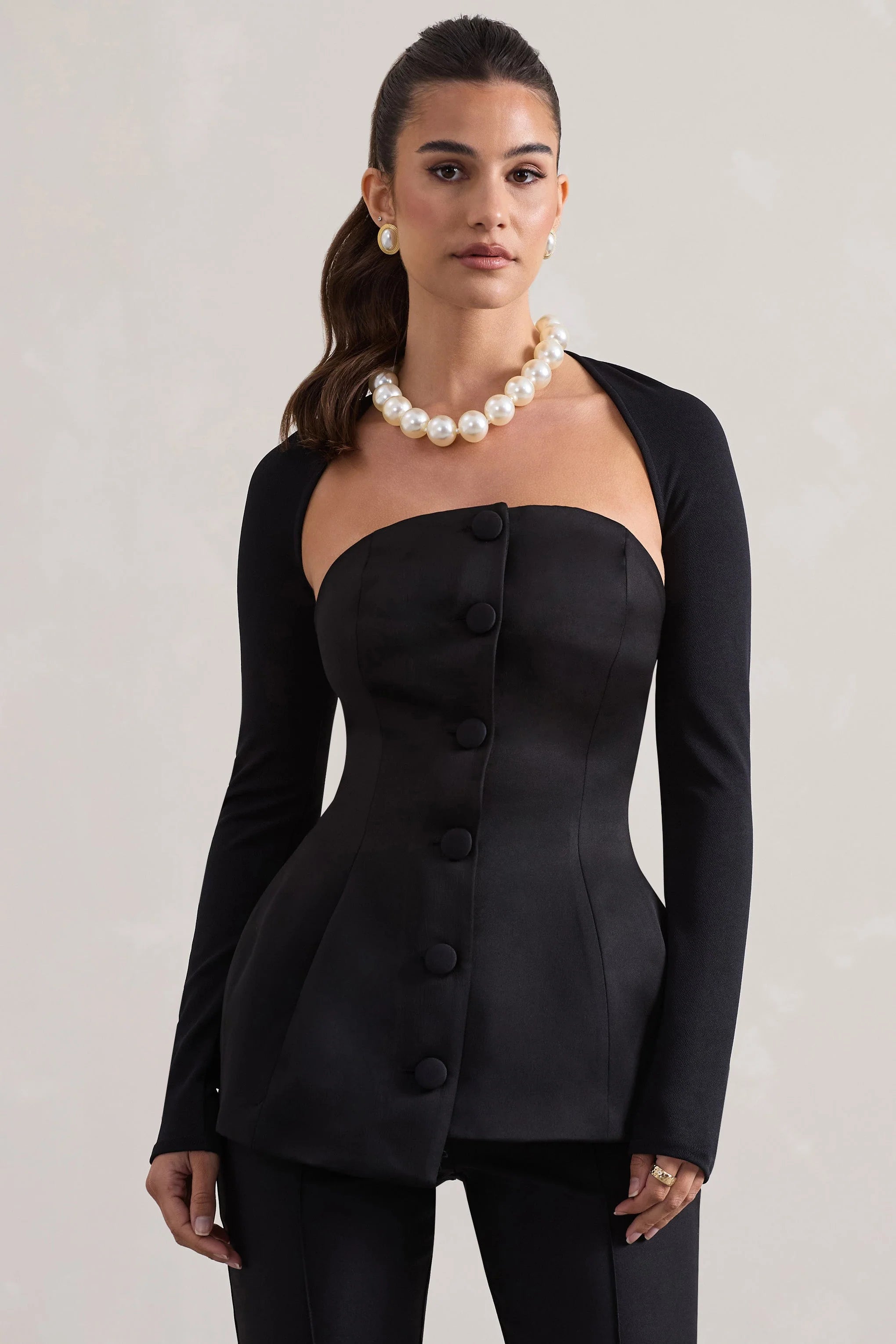 Century Black Satin Strapless Button Front Corset Top