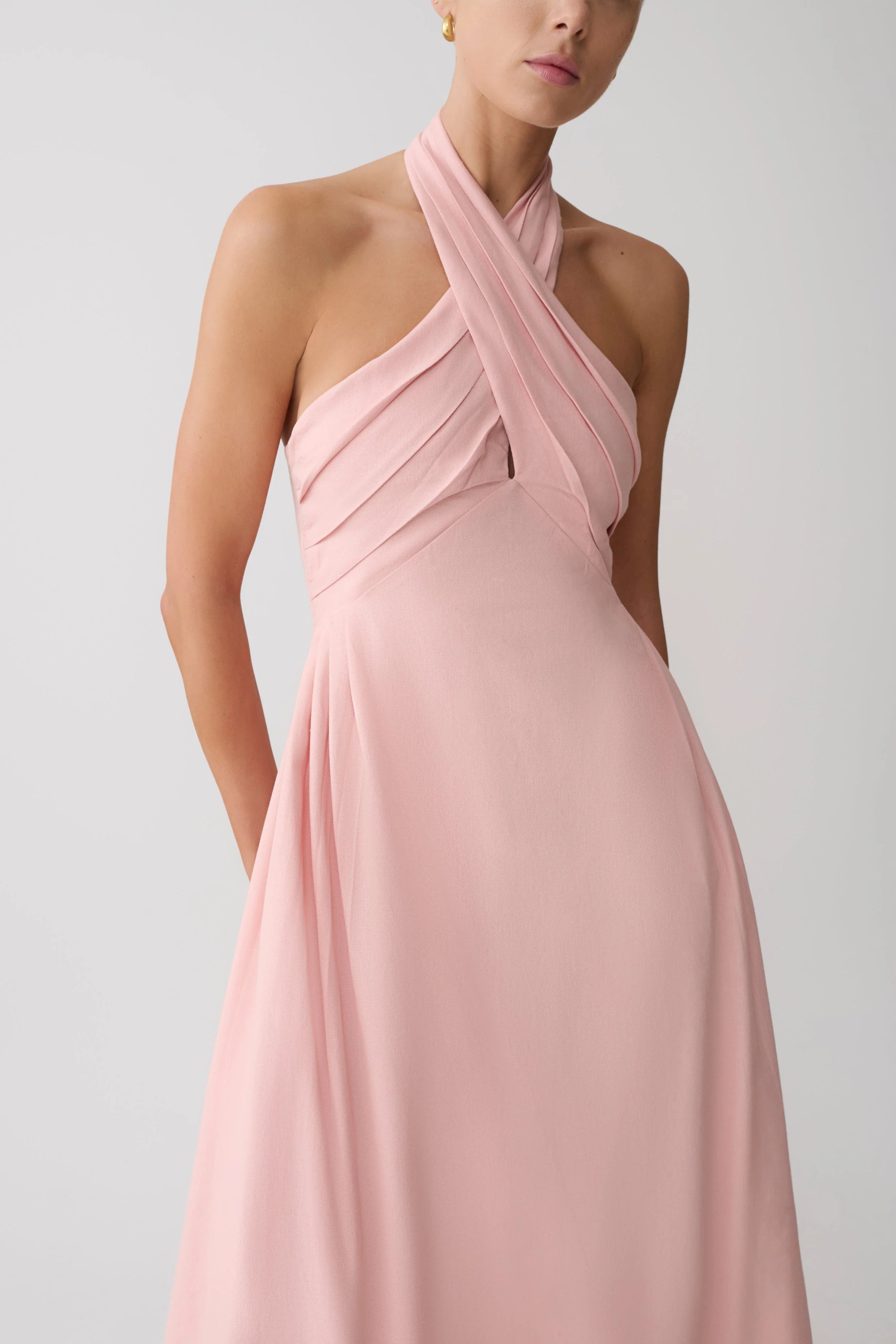Rosie Linen Halter Midi Dress Pink