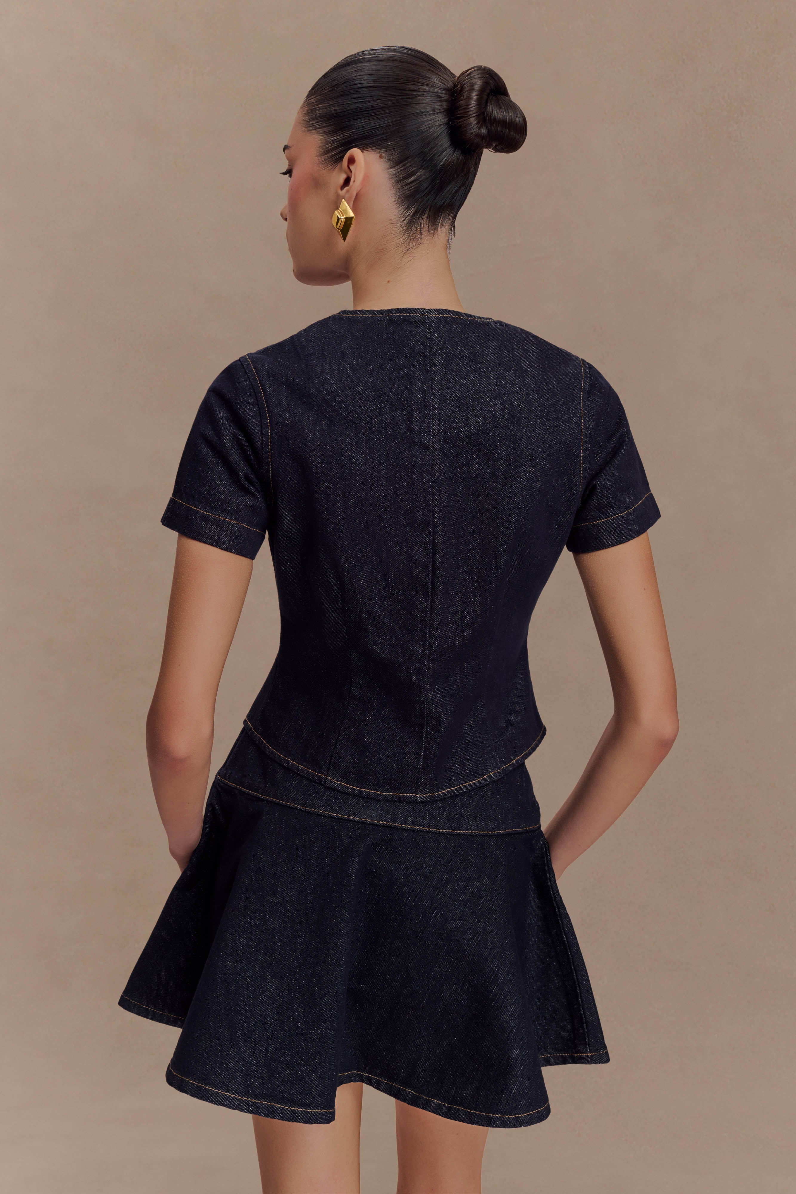 Bethany Short Sleeve Buttoned Denim Top Washed Indigo Blue