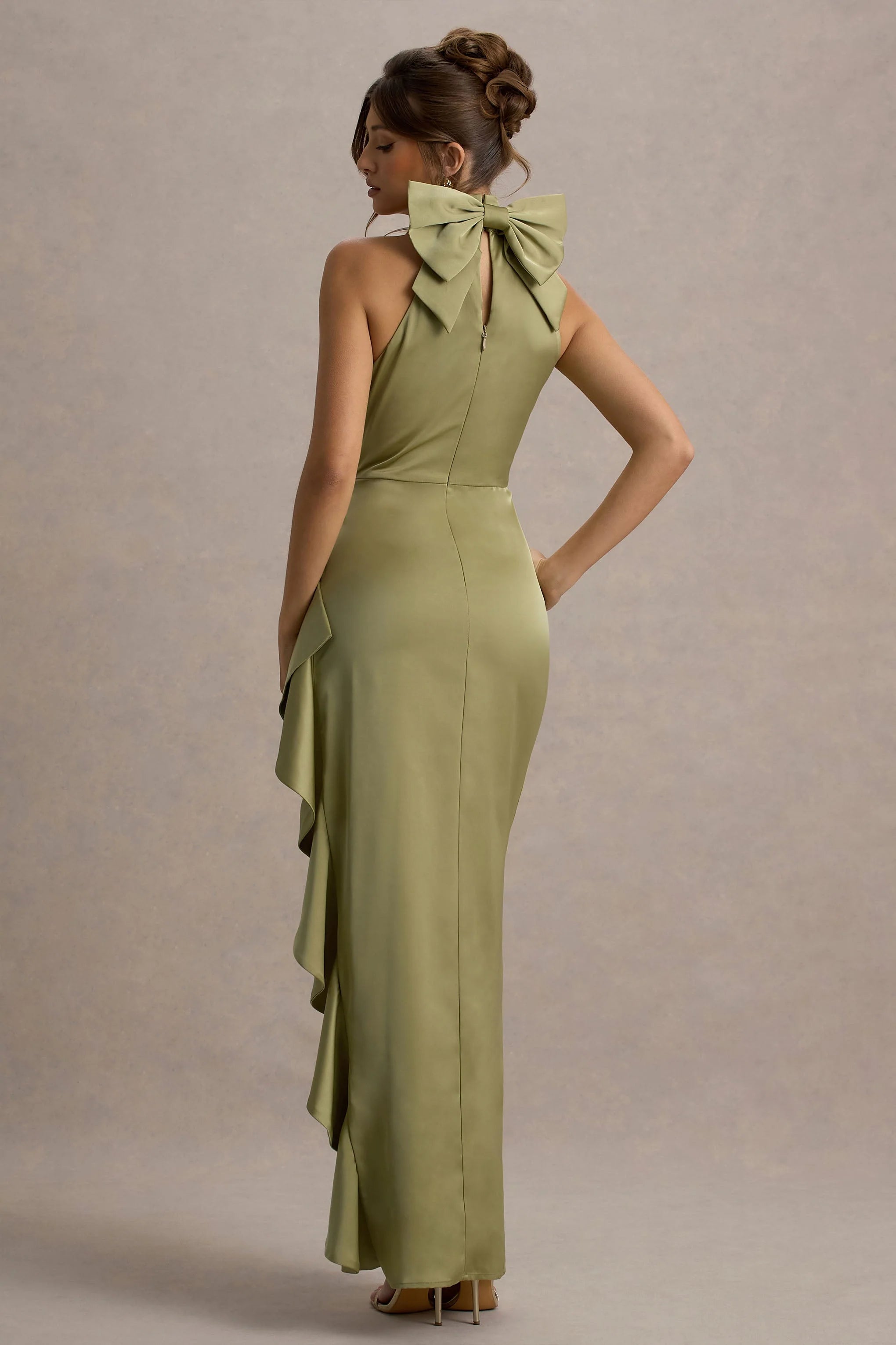 Maureen Light Green Satin High Neck Draped Maxi Dress