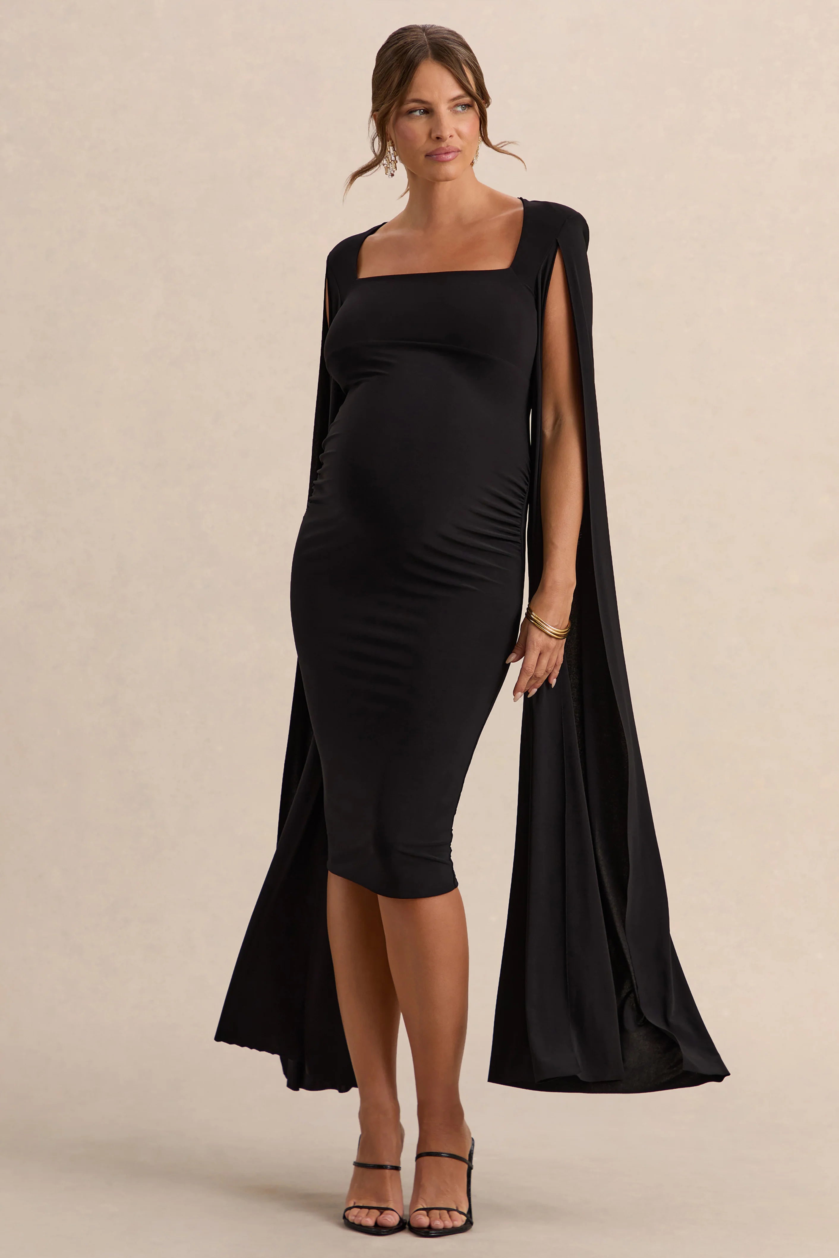 Flawless Black Square Neck Maternity Midi Dress With Cape Sleeves