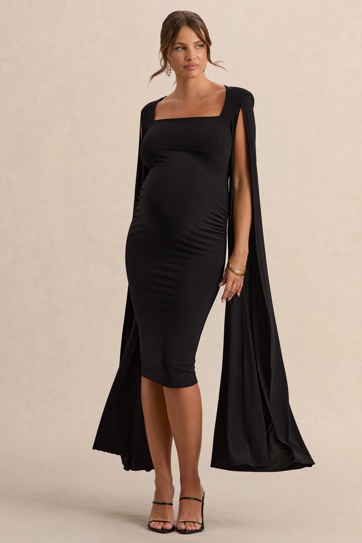 Flawless Black Square Neck Maternity Midi Dress With Cape Sleeves