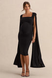 Flawless Black Square Neck Maternity Midi Dress With Cape Sleeves