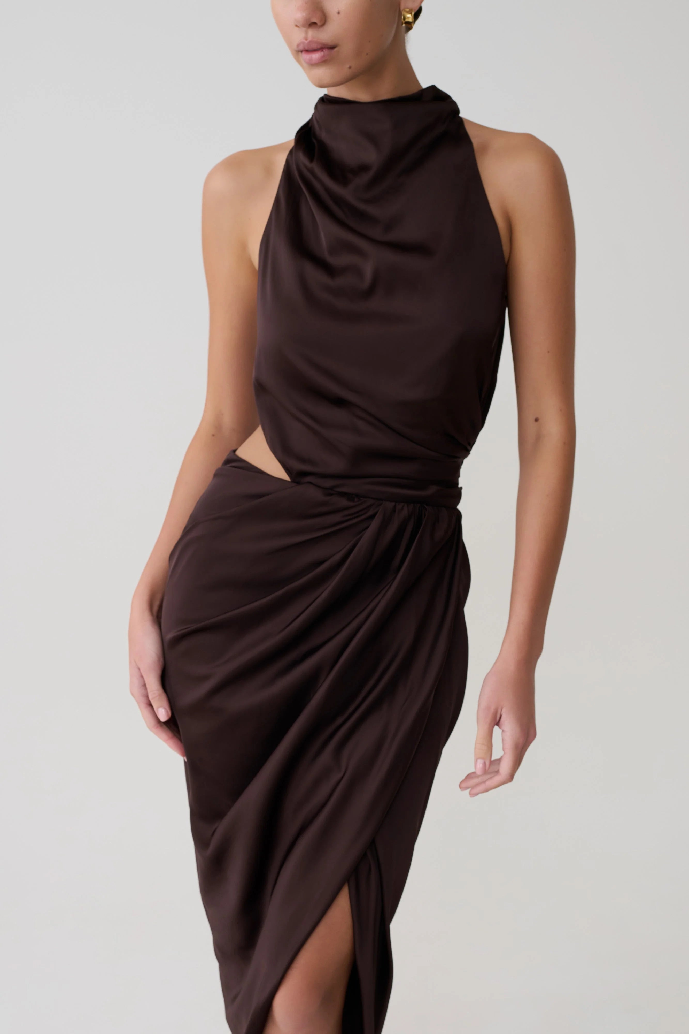 Aveline Draped Halter Midi Dress Dark Chocolate