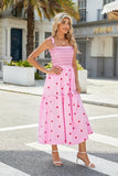 Women Floral Embroidered Maxi Dress Sleeveless Tie Shoulder Smocked Flowy Dress Boho Summer Sundresses with Pockets