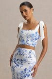 Phoebe Blue Porcelain Print Crop Top With Tie Straps Tie