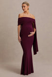 Aquila Burgundy Bardot Maternity Maxi Dress With Draped Detail
