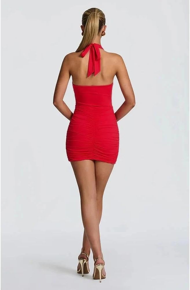 Women Deep V Neck Ruched Mini Dresses Backless Halter Dress Party Club Night