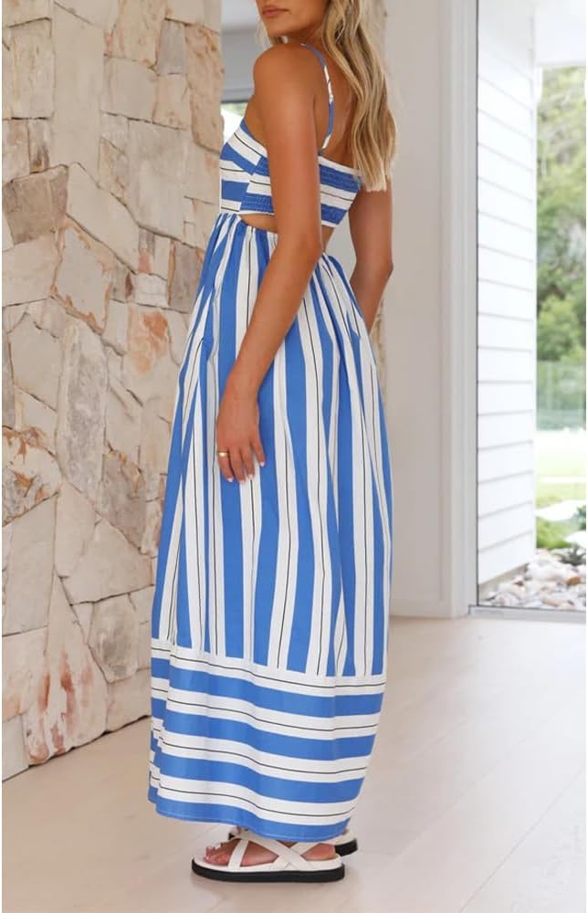 Women Striped Maxi Dress Sleeveless Backless Cutout Smocked Sundress Spaghetti Straps Boho Flowy Dresses