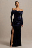 Countess Navy Velvet Bardot Neck Wrapped Maxi Dress With Front High Split