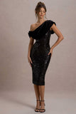 Volute Black Sequin One Shoulder Draped Midi Dress