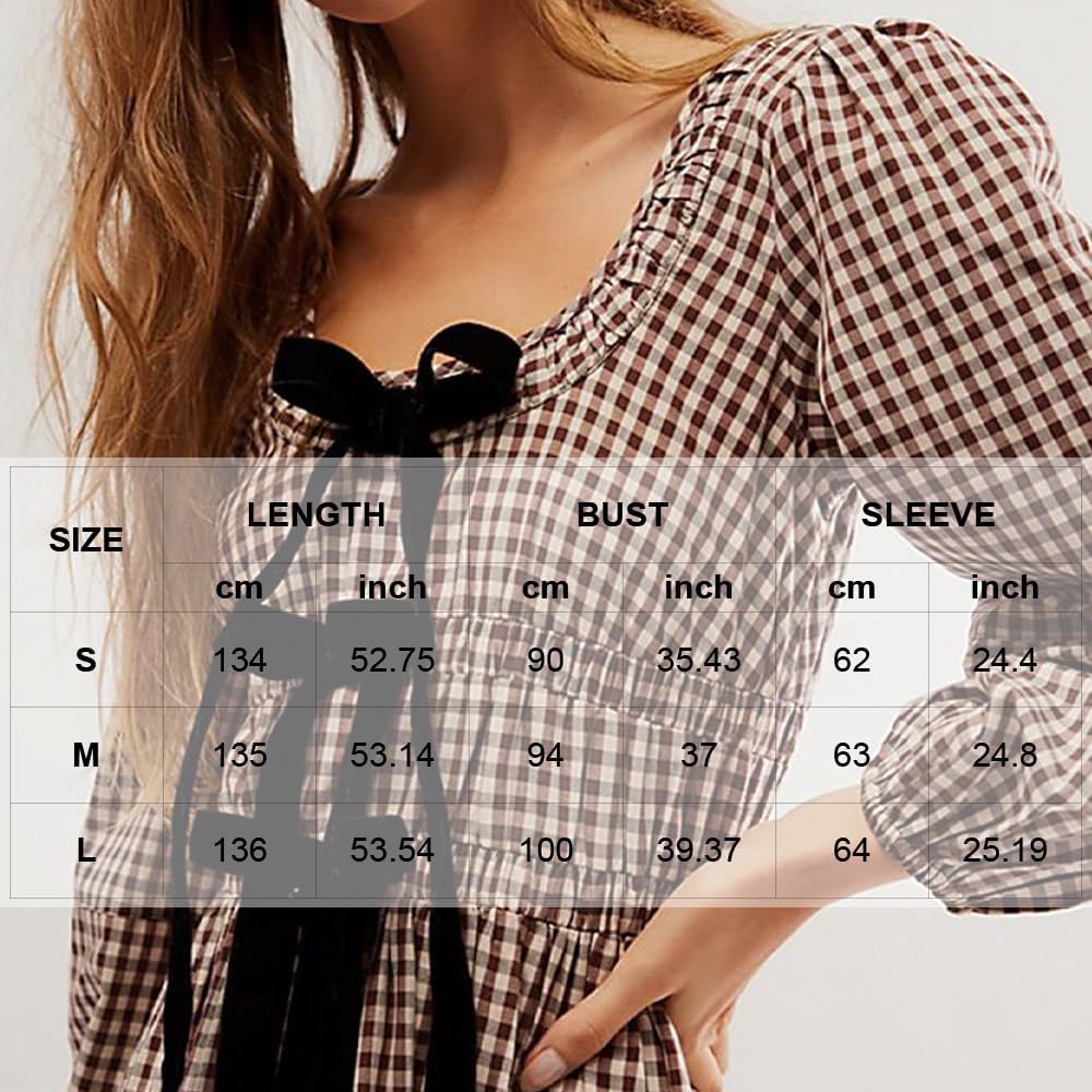 Women Plaid Maxi Dress Long Puff Sleeve Square Neck Flowy Boho Dress Bow Tie Smocked Fall Dresses