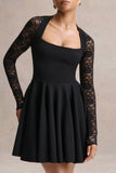 Elowen Black Square Neck Mini Dress With Lace Sleeves