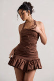 Zahra Chocolate Brown Halter Neck Ruched Mini Dress With Ruffle Hem