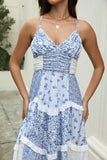 Women Floral Maxi Dress Spaghetti Straps V Neck Patchwork Flowy Boho Sundress Tiered Long Dresses