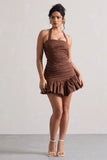 Zahra Chocolate Brown Halter Neck Ruched Mini Dress With Ruffle Hem