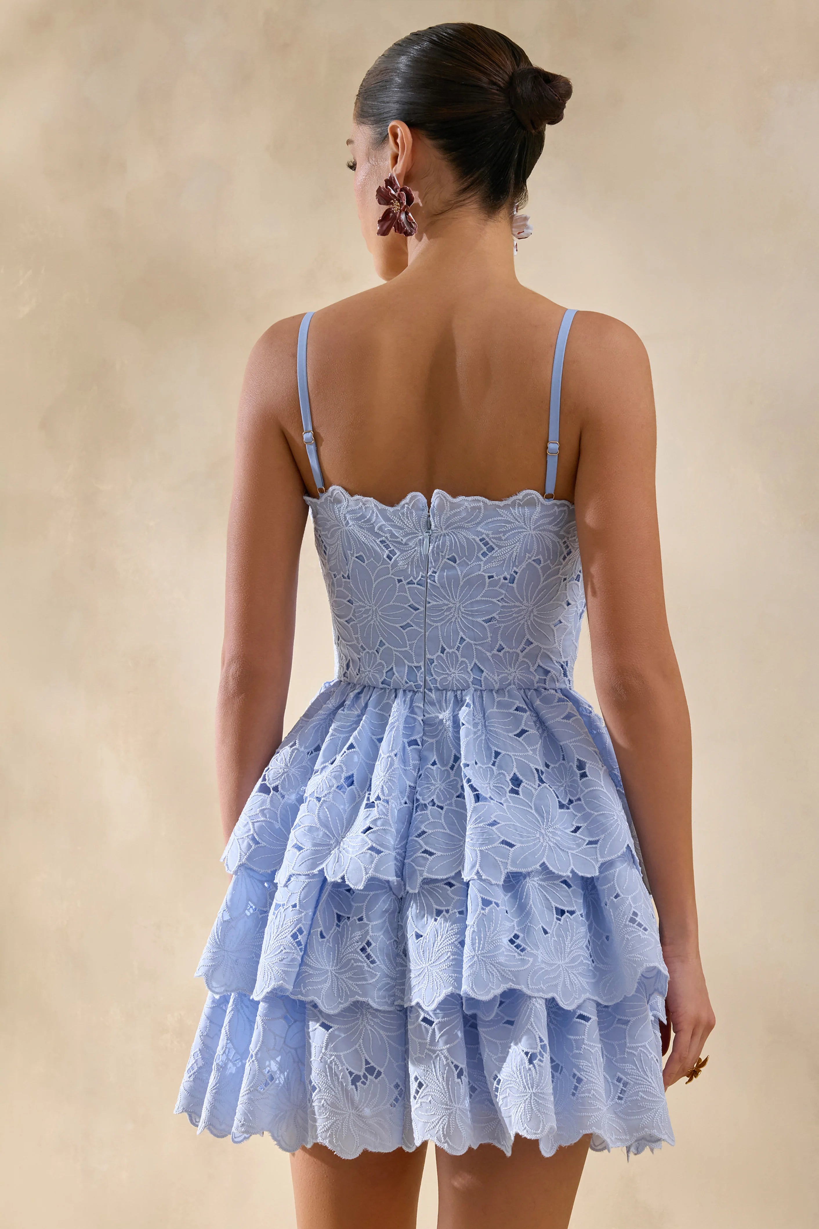 Winona Powder Blue Lace Square Neck Mini Dress With Ruffled Detailing