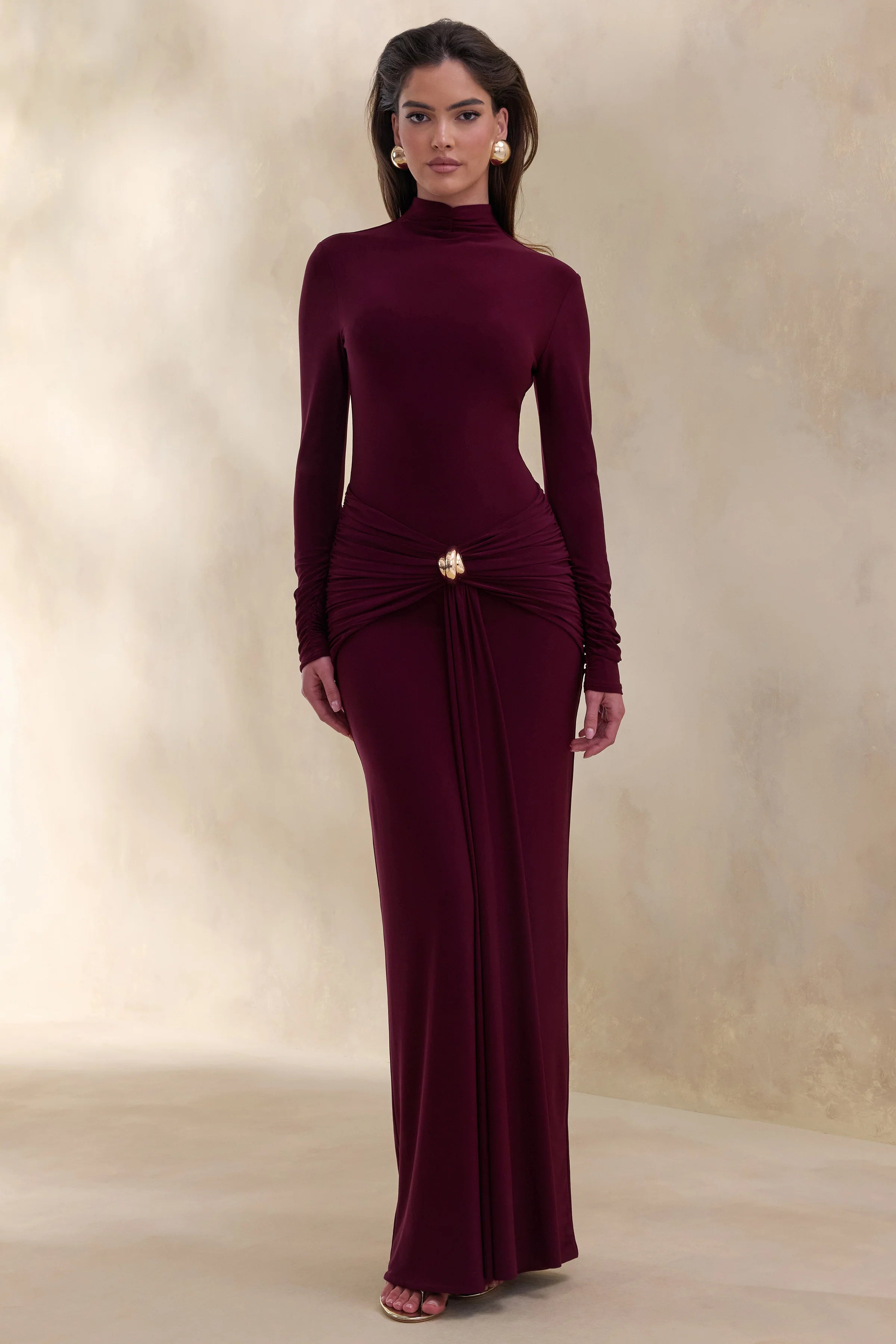 Ambrette Dark Plum High Neck Maxi Dress With Gathered Detailing