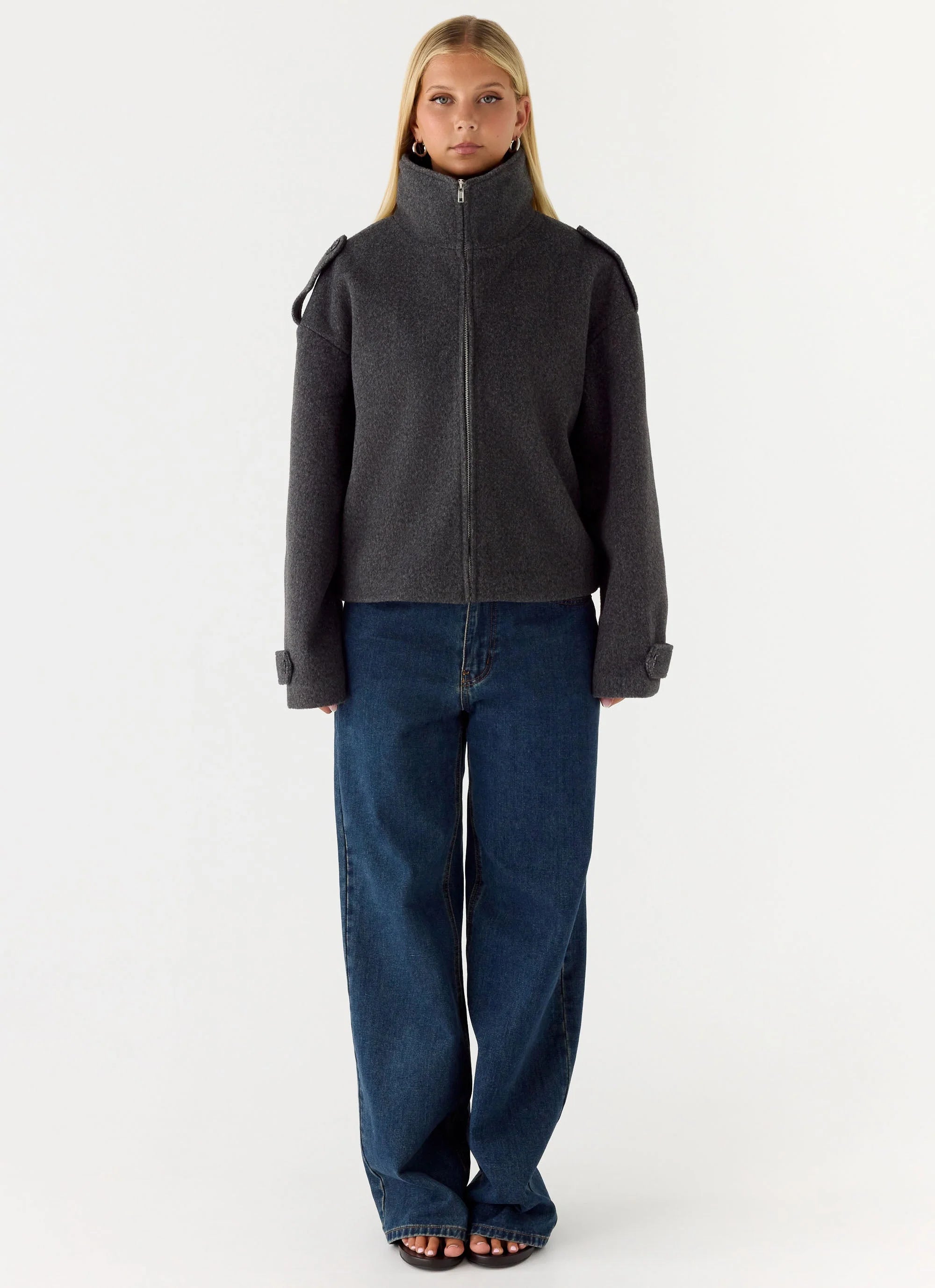 Kaiden Faux Wool Bomber Jacket Charcoal